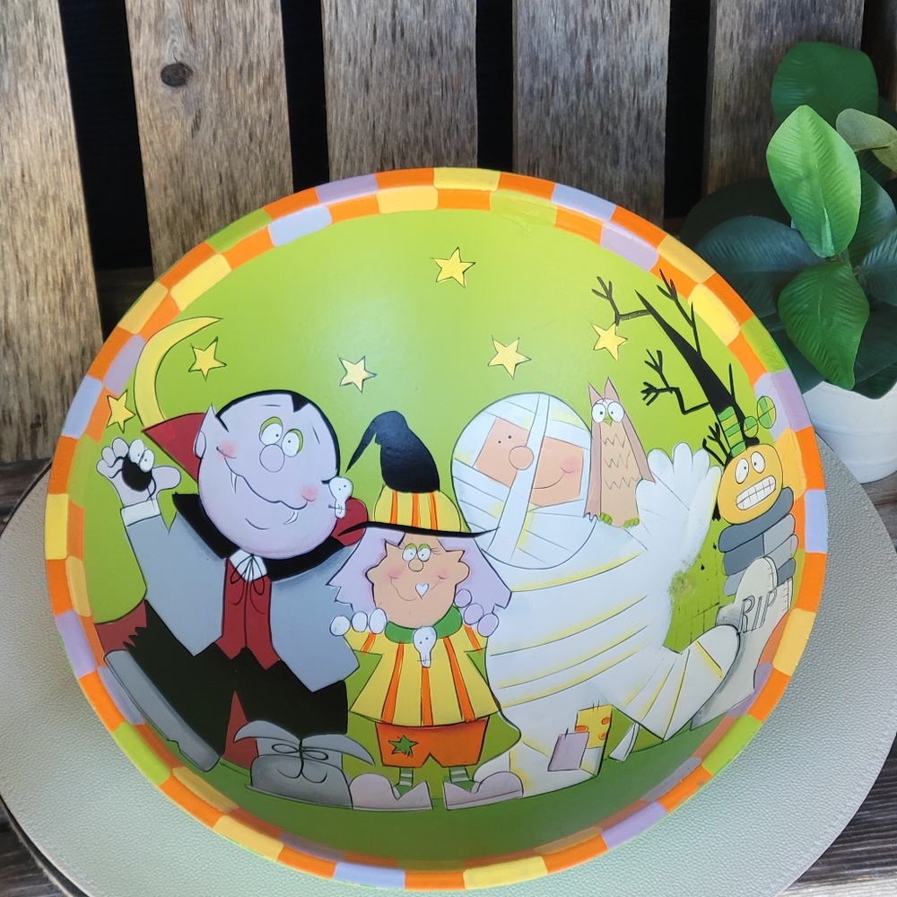 Vintage Tina Ledbetter Halloween Party Bowl Handpainted Dracula Mummy & Witch